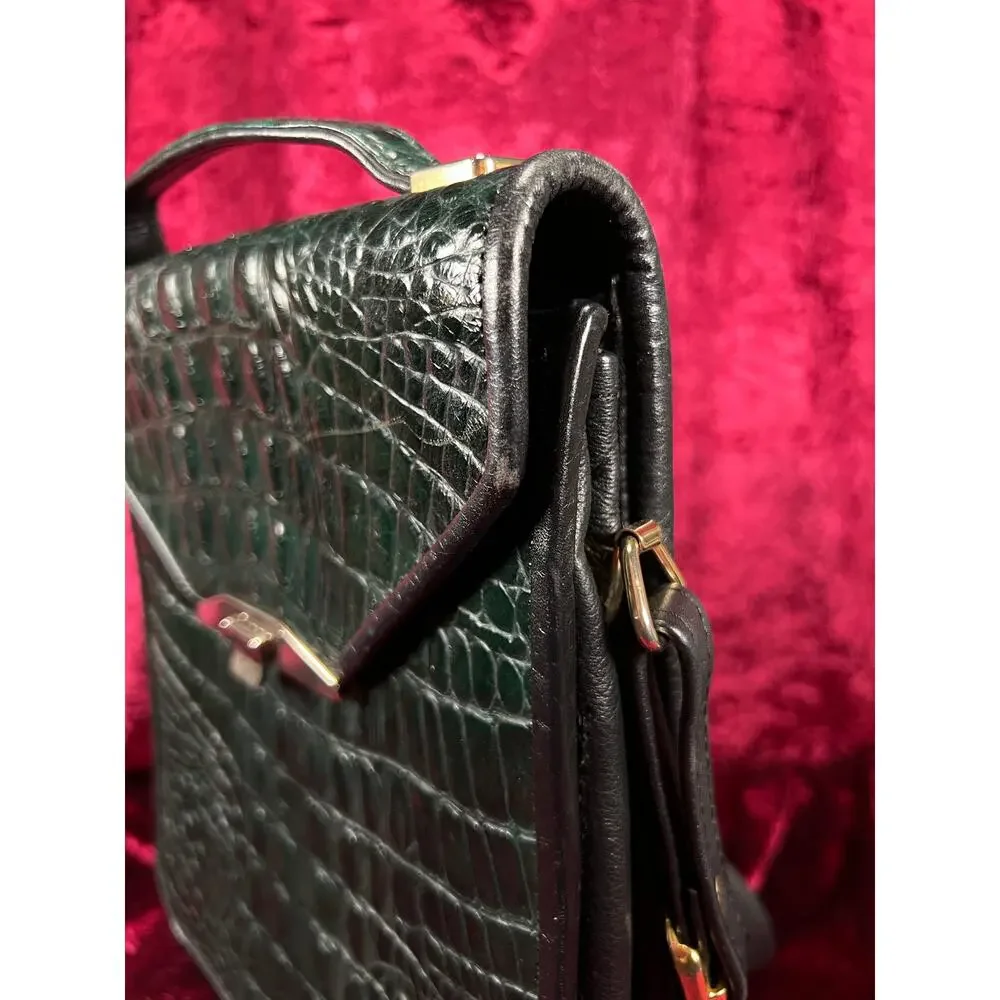 Vintage Emerald Green Leather Crossbody Bag - Croc Embossed Top Handle Purse